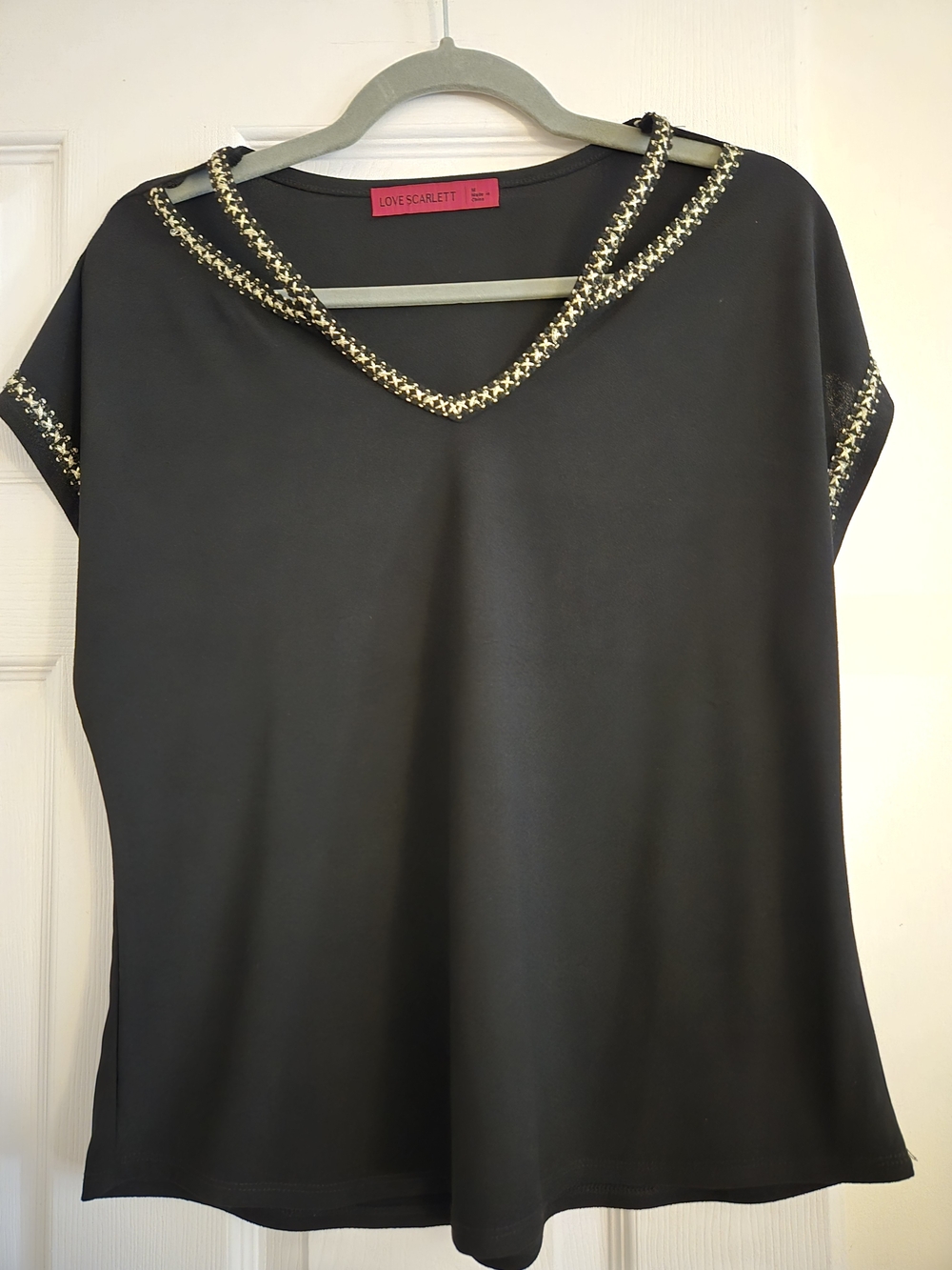 Scarlett Black Top with Gold Trimmed V-Neck and Sleeves